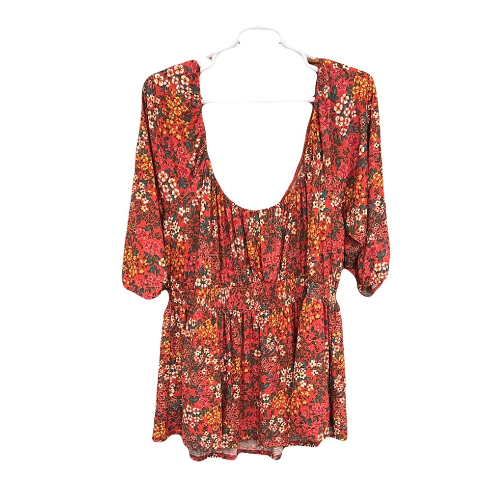Torrid Orange Floral Tunic Top Plus 4X NWT Ruched Neck Smocked Waist